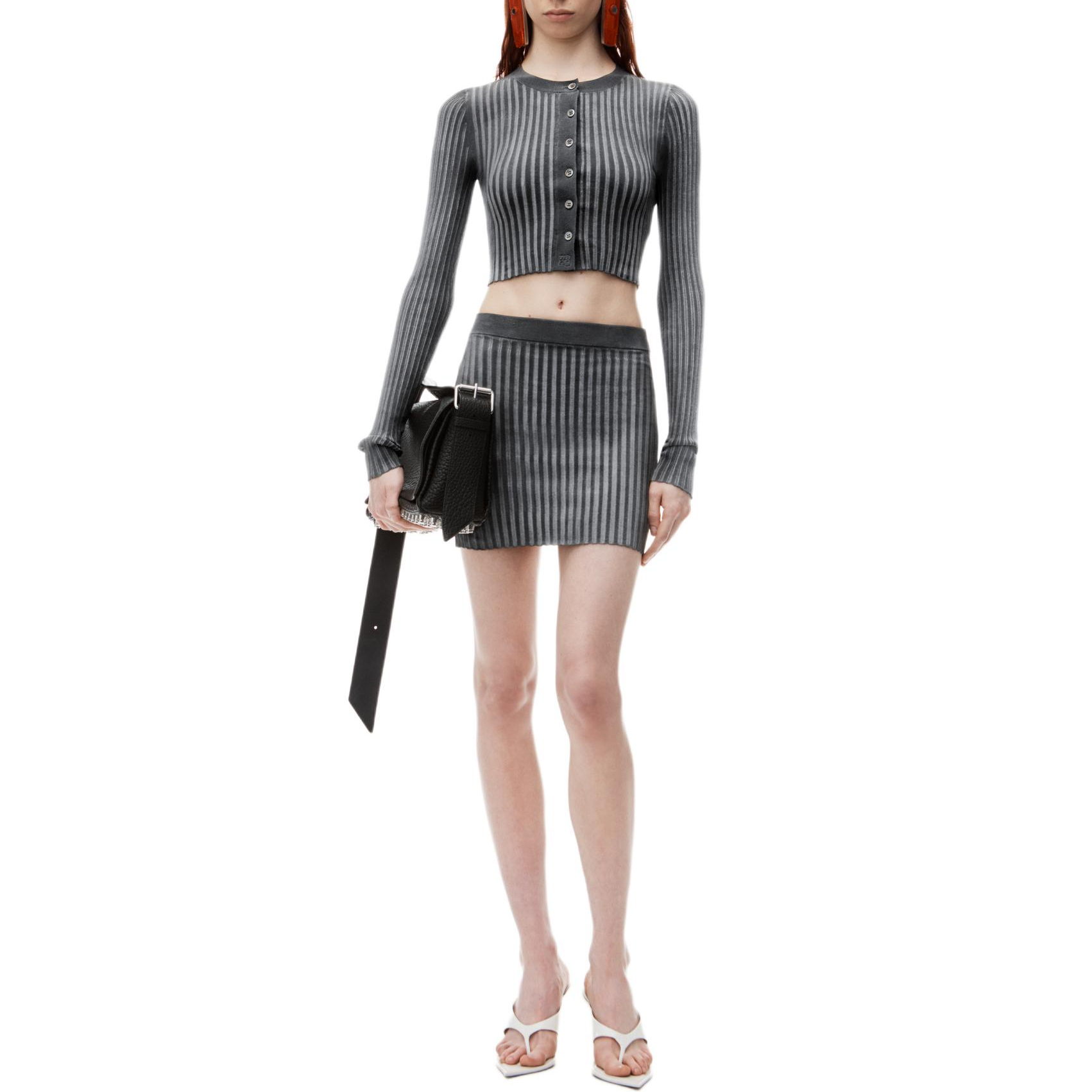 Lookbook (W) アレキサンダー ワン FW24 リブニット ミニストライプ カジュアルスカート グレー レディース 4KC3245024010