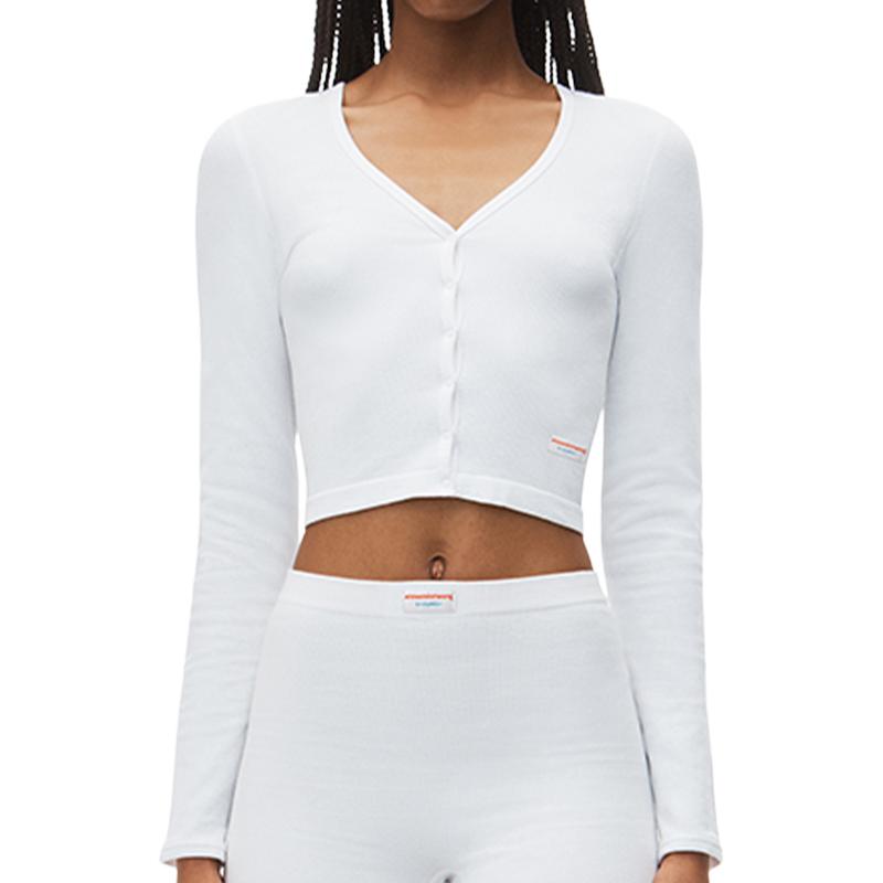 (Women) Alexander Wang FW24 Ribbed V-Neck Button-Up Knit Cardigan White 8KC2248105-White