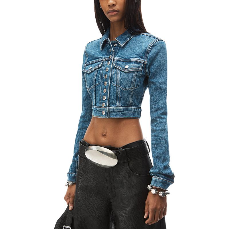 Shop (Women) Alexander Wang FW24 Slim Fit Cropped Button Denim Jacket Women Deep Blue 4DC4242480401