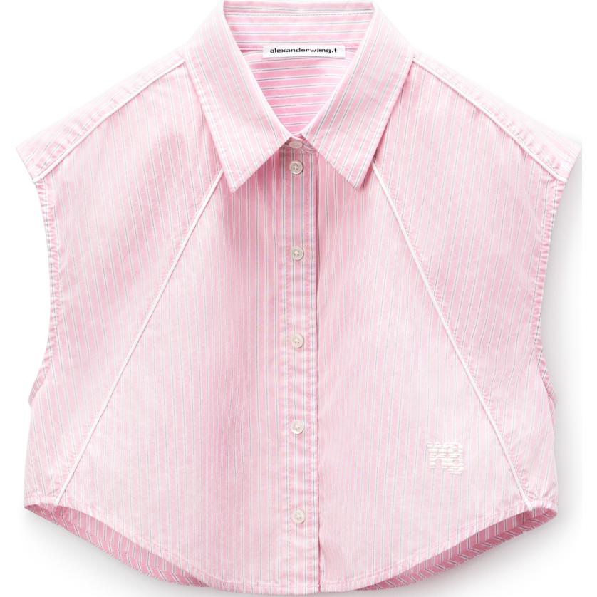 (Women) Alexander Wang FW24 Striped Sleeveless Button-Up Crop Shirt Pink () 4WC3241411685A