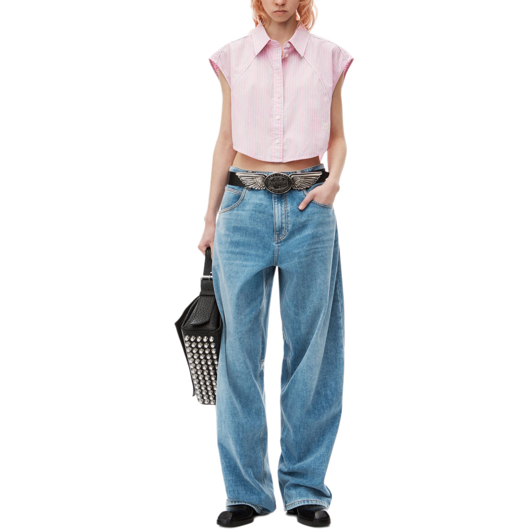 Lookbook (Women) Alexander Wang FW24 Striped Sleeveless Button-Up Crop Shirt Pink () 4WC3241411685A