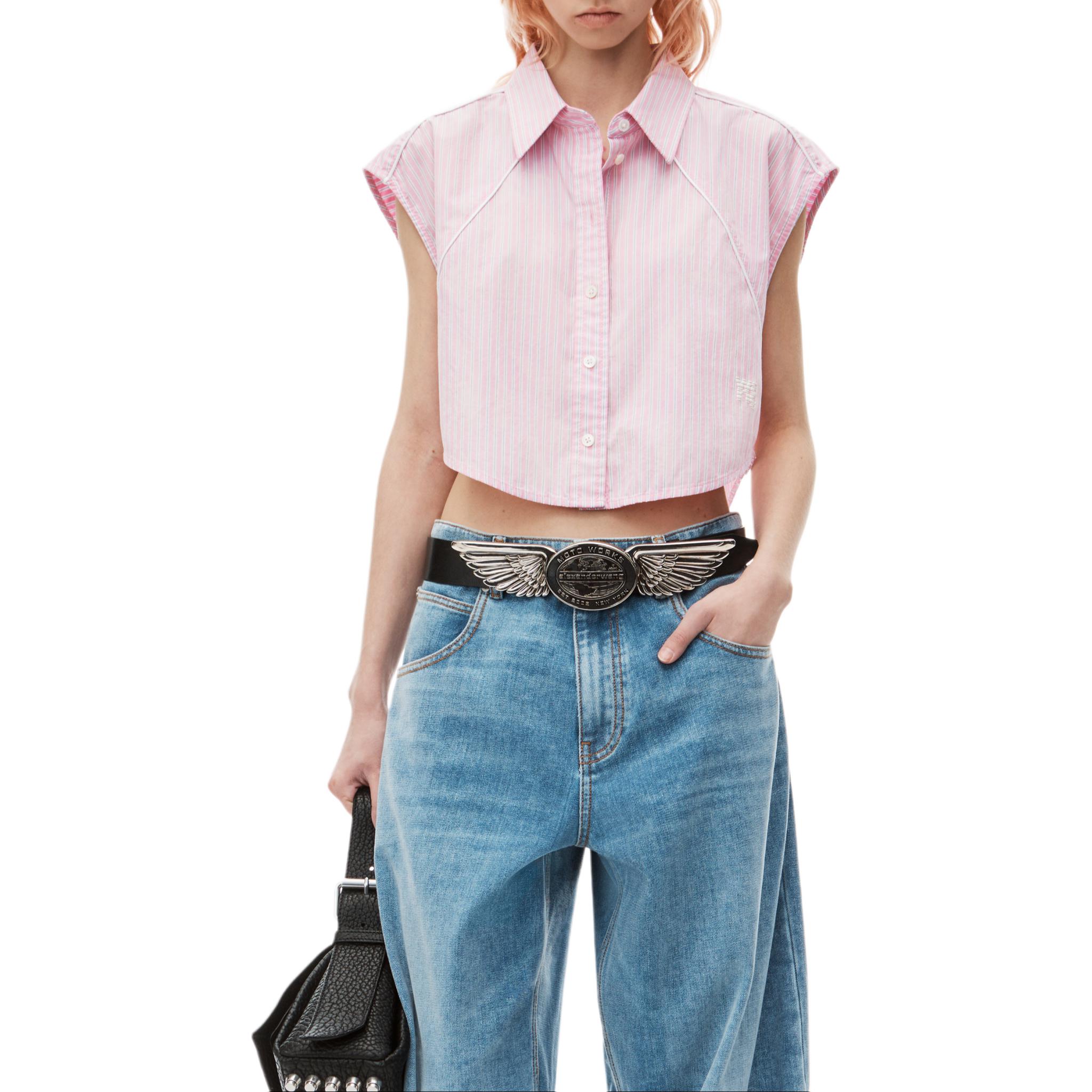Purchase (Women) Alexander Wang FW24 Striped Sleeveless Button-Up Crop Shirt Pink () 4WC3241411685A