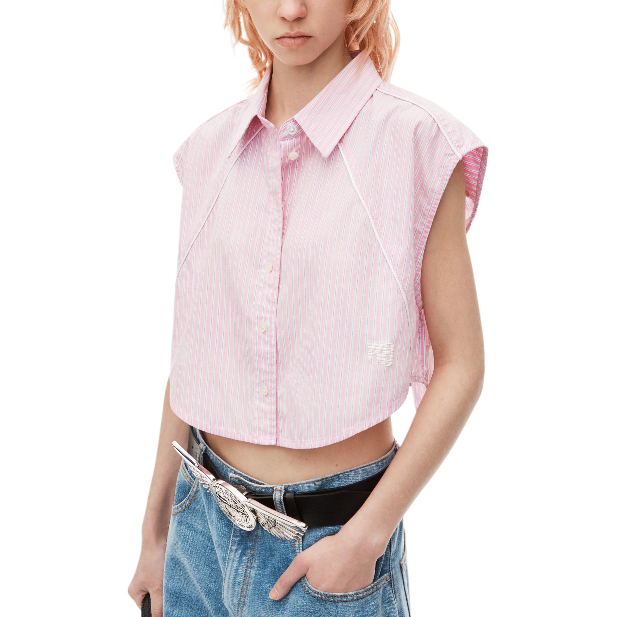 Details for (Women) Alexander Wang FW24 Striped Sleeveless Button-Up Crop Shirt Pink () 4WC3241411685A