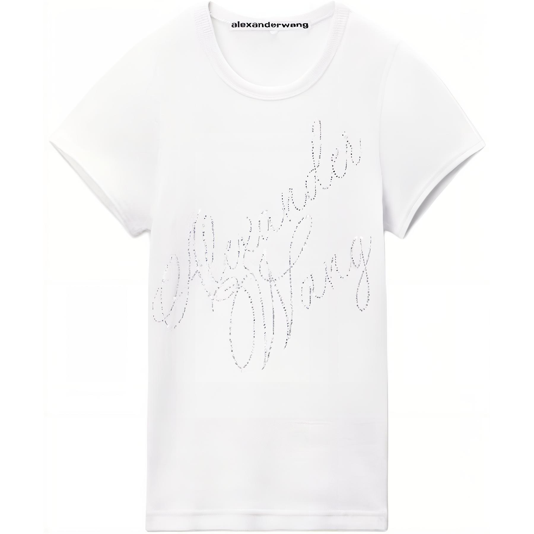 (Women) Alexander Wang FW24 White Rhinestone Embellished Ribbed T-Shirt 1CC3241920100