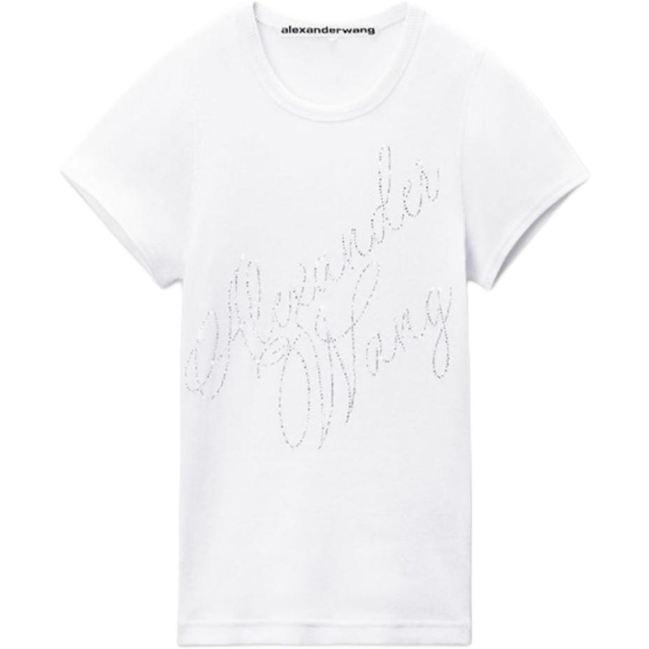 (Women) Alexander Wang FW24 White Rhinestone Embellished Ribbed T-Shirt 1CC3241920100 圖 2