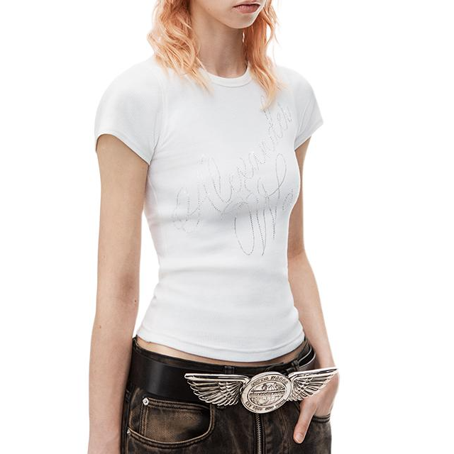 (Women) Alexander Wang FW24 White Rhinestone Embellished Ribbed T-Shirt 1CC3241920100 圖 5