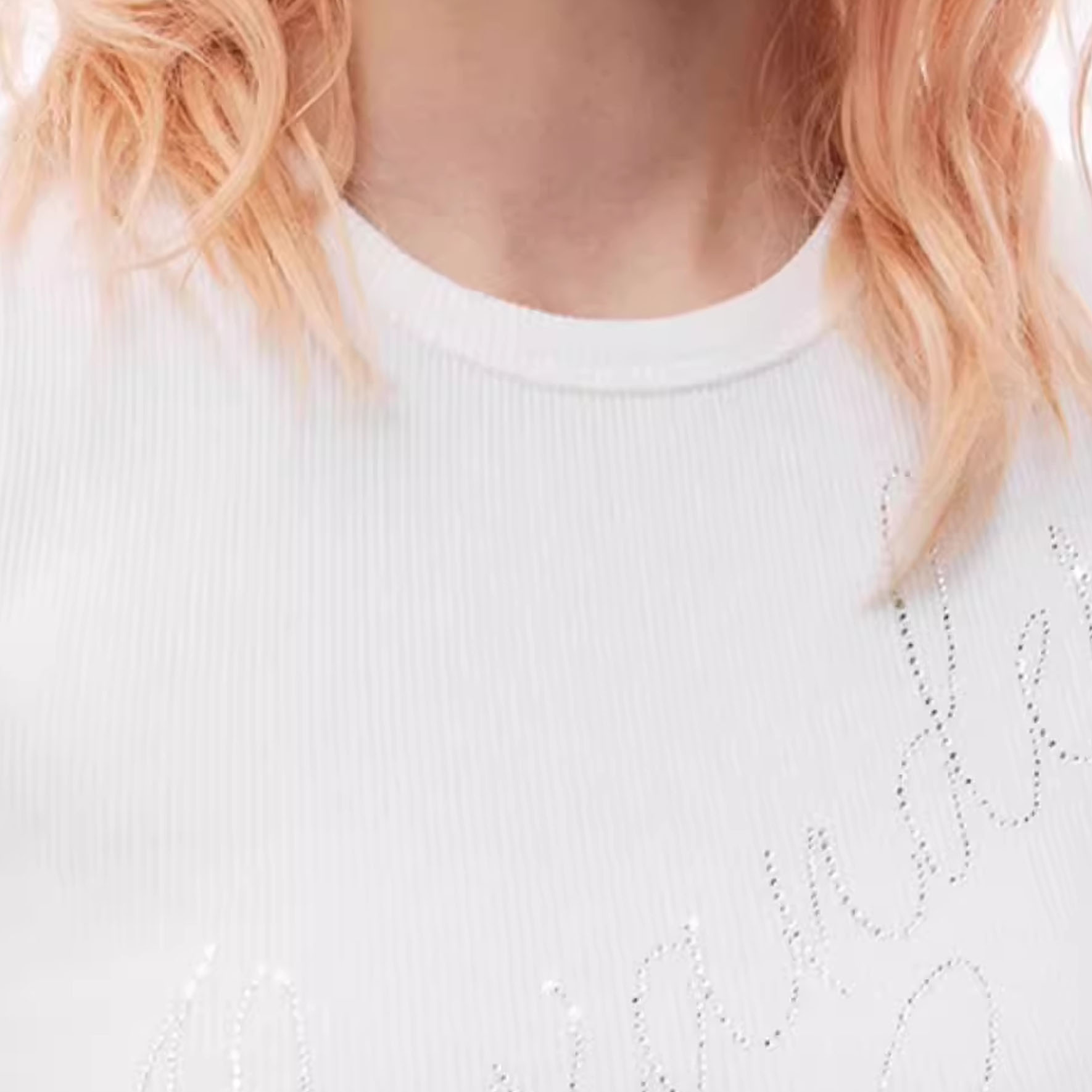 (Women) Alexander Wang FW24 White Rhinestone Embellished Ribbed T-Shirt 1CC3241920100 圖 7