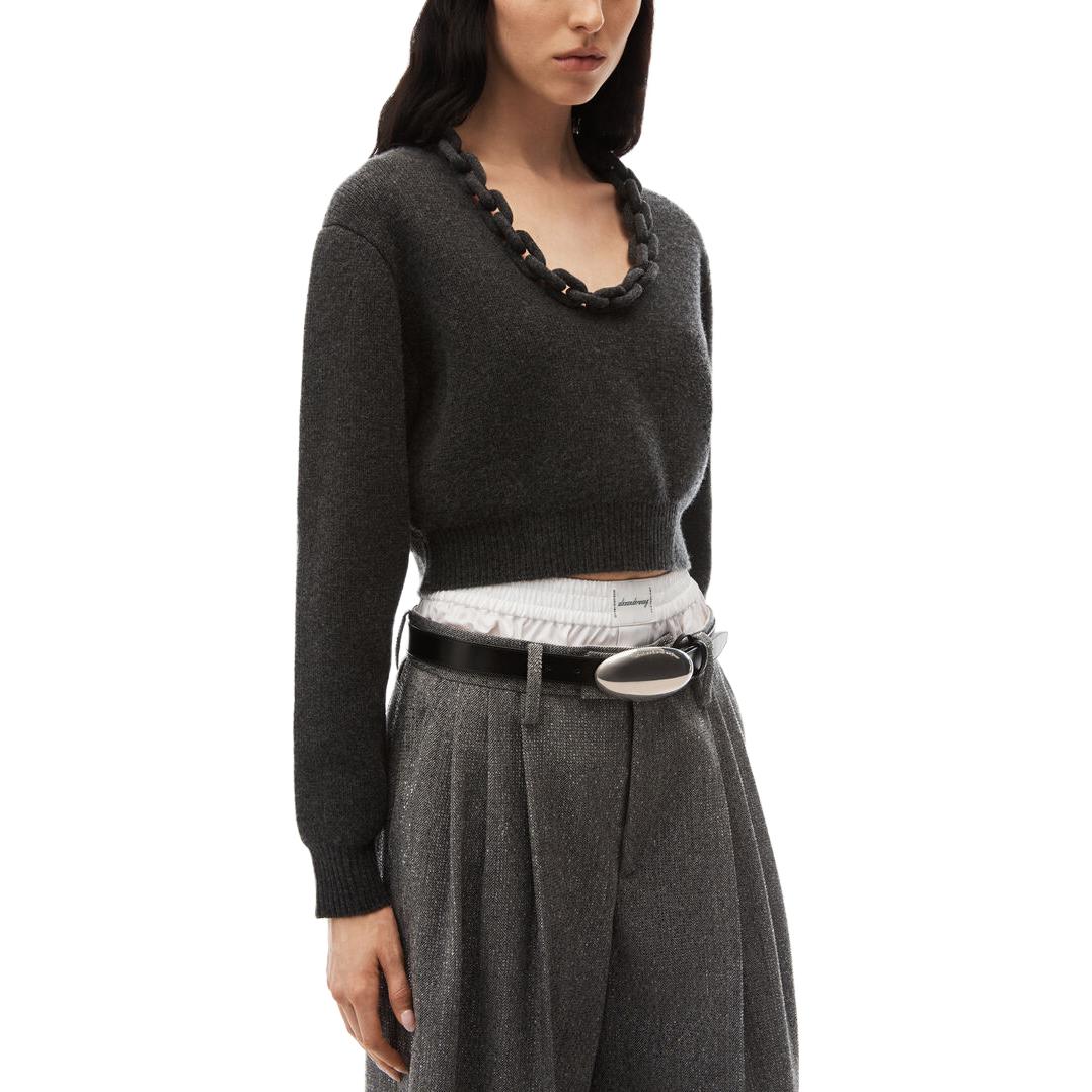 Purchase (W) Alexander Wang Sweater Wanita Lengan Panjang Abu-Abu dengan Detail Rantai 1KC4231042-063