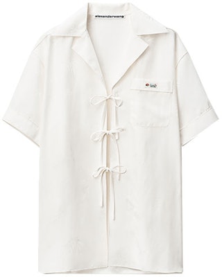 (Women) Alexander Wang Jacquard Lace-Up Short Sleeve Shirt Silver White SS22 1WC1221583-110 Order (Women) Alexander Wang Jacquard Lace-Up Short Sleeve Shirt Silver White SS22 1WC1221583-110