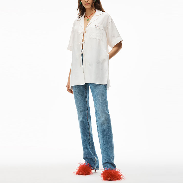 Shop (W) アレキサンダー・ワン ジャカード レースアップ 半袖シャツ シルバー ホワイト SS22 1WC1221583-110