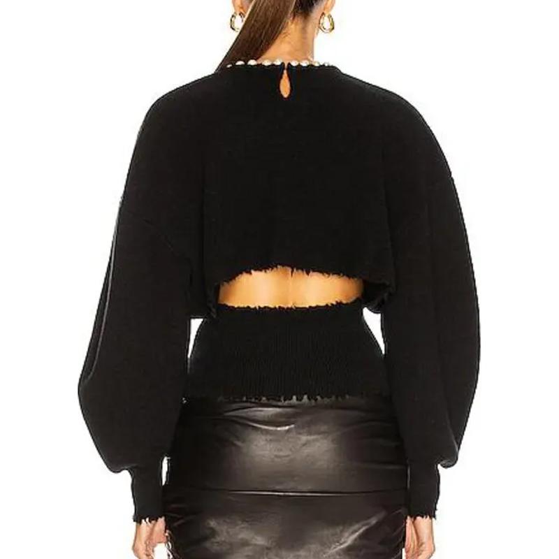 Shop (W) Alexander Wang Sweater Rajut Backless Wanita Hitam dengan Kalung Mutiara. 1KC4231070-001