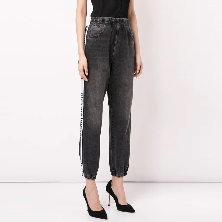 Purchase (W) Alexander Wang Celana Jogger Jeans Wanita Logo Samping Hitam 4D994391CF
