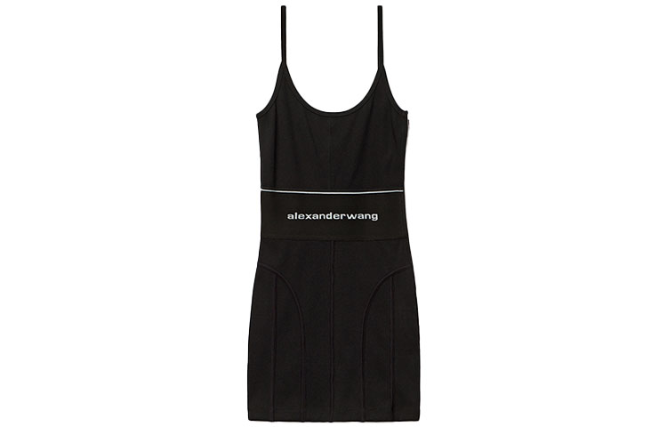 Order (W) Alexander Wang Dress Tanpa Lengan Hitam dengan Desain Tali Logo Lebar 1CC2216376-001