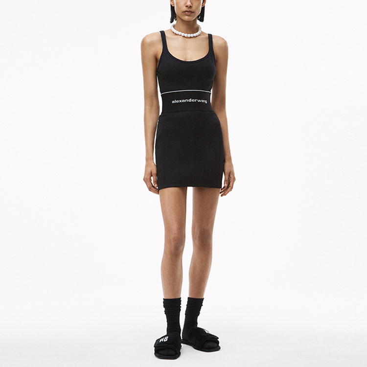 Lookbook (W) Alexander Wang Dress Tanpa Lengan Hitam dengan Desain Tali Logo Lebar 1CC2216376-001