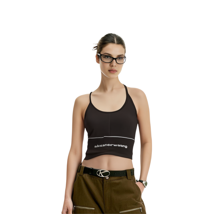 Sizing (W) Alexander Wang Dress Tanpa Lengan Hitam dengan Desain Tali Logo Lebar 1CC2216376-001