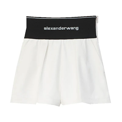 (Women) Alexander Wang SS20 Logo Ribbed Stretch Polyester-Cotton Shorts Natural 1WC1204224-105