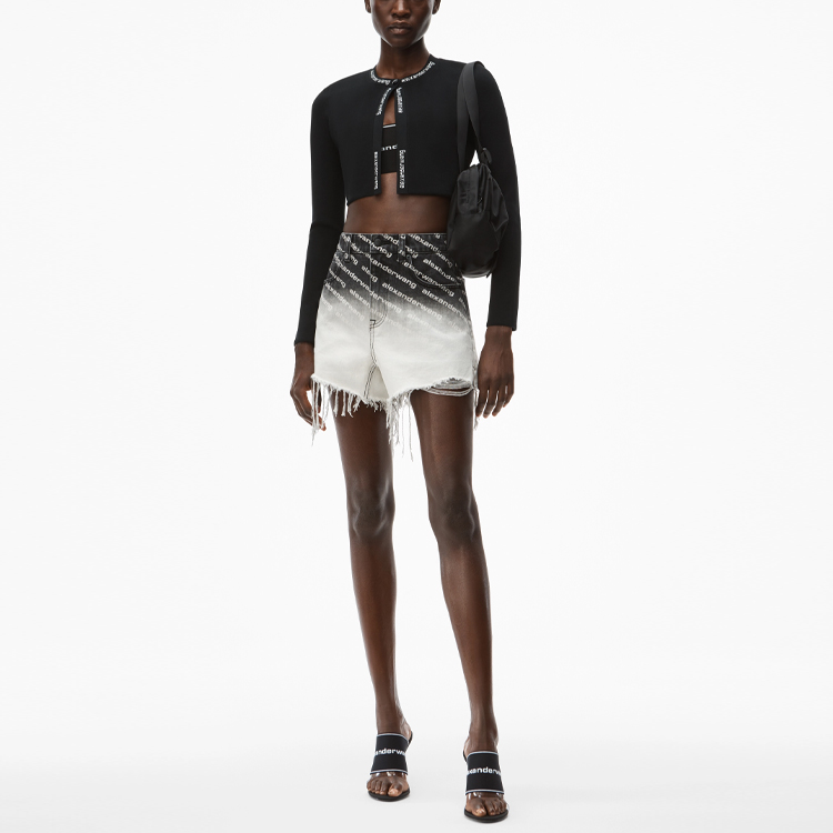 Shop (W) Alexander Wang SS21 Seluar Pendek Denim Wanita Logo Gradient Kelabu Putih 4DC2214907-031