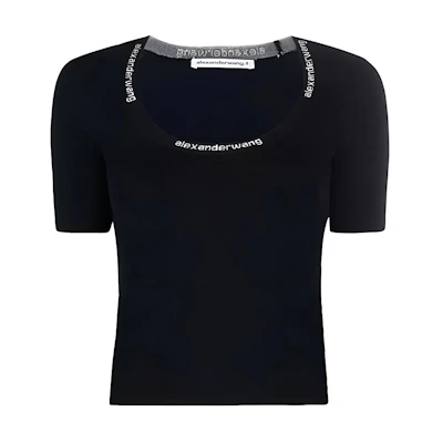 (Women) Alexander Wang SS21 Logo Jacquard Stretch Knit Short Sleeve T-Shirt Women Black 4KC4211057-001
