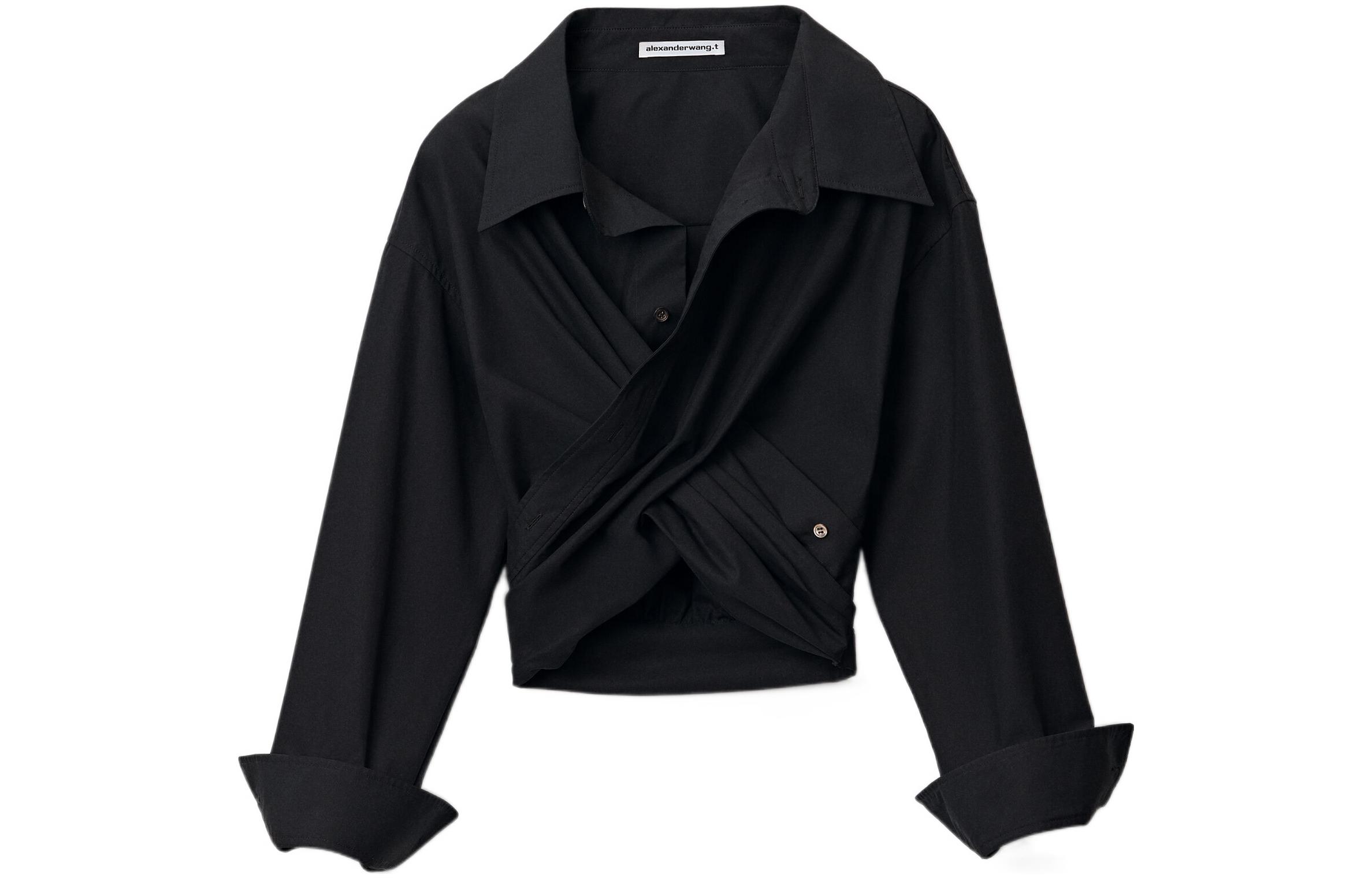 (Women) Alexander Wang SS22  Black Cropped Long-Sleeve Draped Crossover Shirt 4WC2221329-001