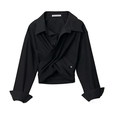 (Women) Alexander Wang SS22 Black Cropped Long-Sleeve Draped Crossover Shirt 4WC2221329-001