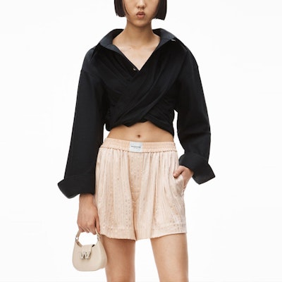 (Women) Alexander Wang SS22 Black Cropped Long-Sleeve Draped Crossover Shirt 4WC2221329-001 Purchase (Women) Alexander Wang SS22 Black Cropped Long-Sleeve Draped Crossover Shirt 4WC2221329-001