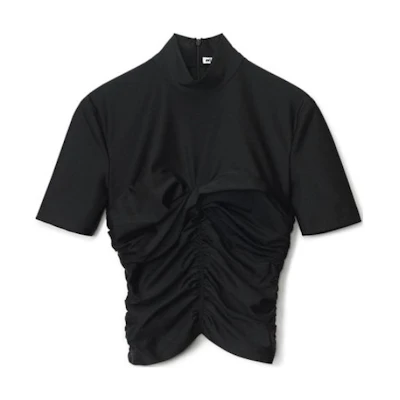(Women) Alexander Wang SS22 Black Ruched Mock Neck Slim Fit Short Sleeve T-Shirt 4CC3221350-001