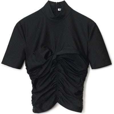 (W) アレキサンダーワン SS22 ブラック ルーシュ モックネック スリムフィット Tシャツ 4CC3221350-001 Order (W) アレキサンダーワン SS22 ブラック ルーシュ モックネック スリムフィット Tシャツ 4CC3221350-001