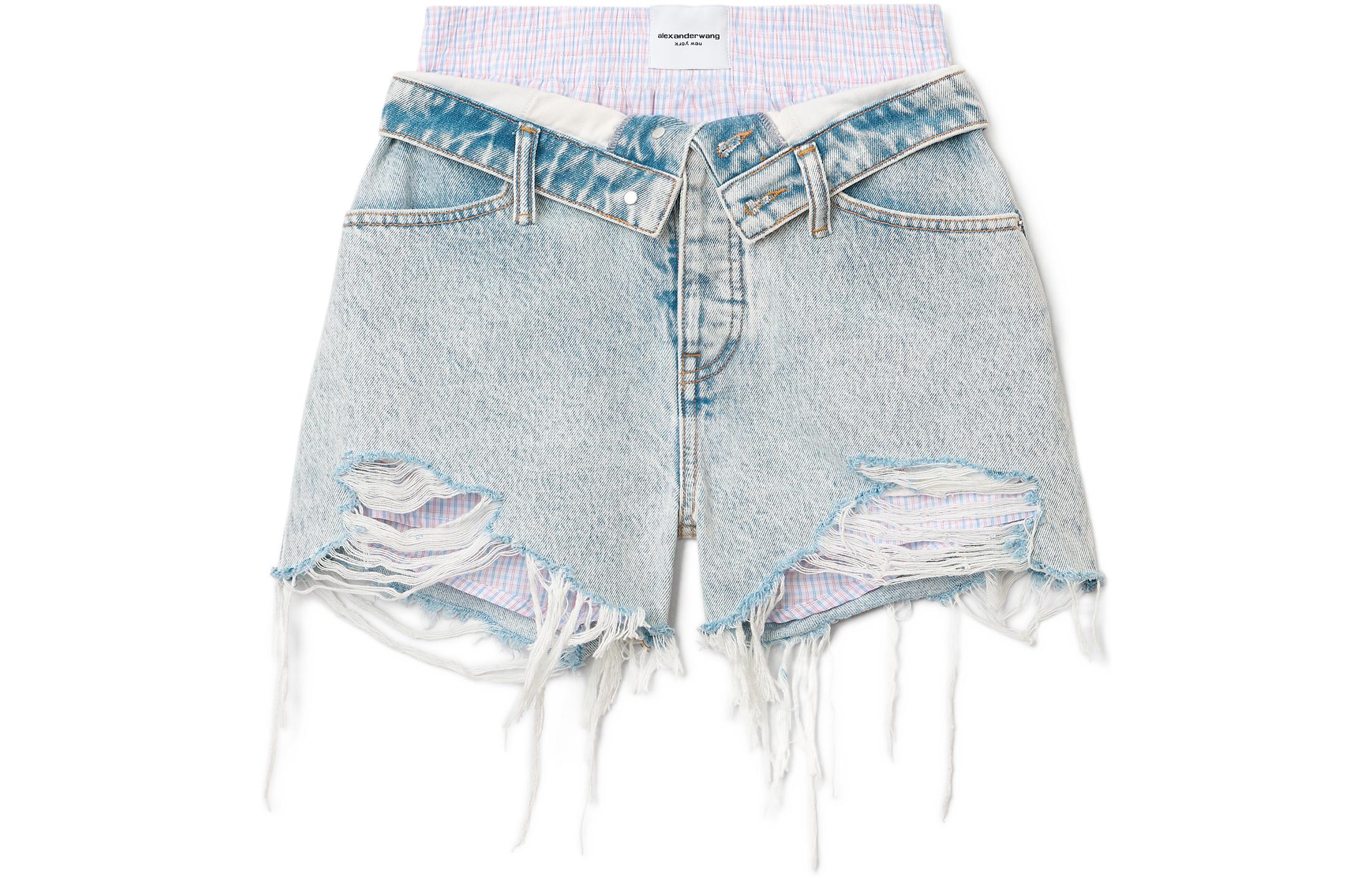 Order (Women) Alexander Wang SS22  Blue Patchwork Distressed Denim Shorts. 4DC2224087-270