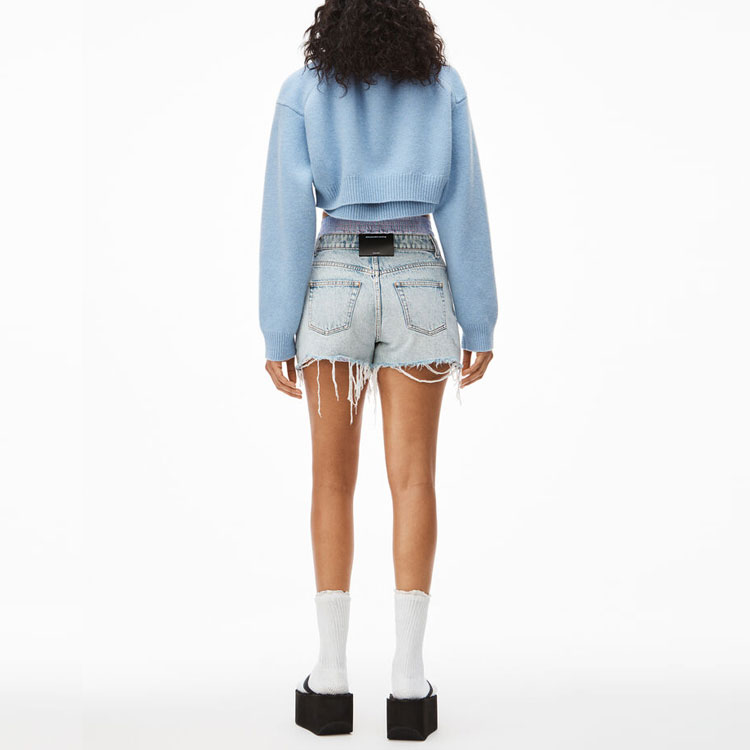 Shop (Women) Alexander Wang SS22  Blue Patchwork Distressed Denim Shorts. 4DC2224087-270