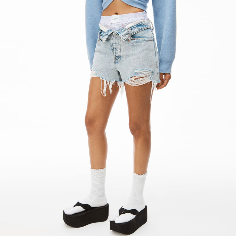 Purchase (Women) Alexander Wang SS22  Blue Patchwork Distressed Denim Shorts. 4DC2224087-270