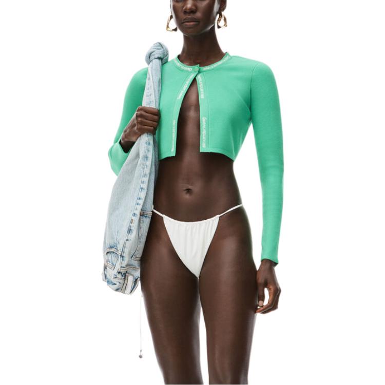 Shop (W) Alexander Wang SS22 Sweater Rajut Slim Fit Hijau dengan Logo Trim. 4KC2213076-328