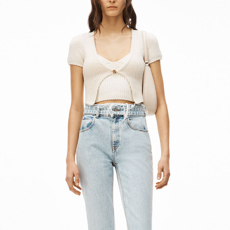 Purchase (W) Alexander Wang SS22 Atasan Slim-Fit Rajut Cotton Leher V Putih Lembut 4KC2223017-104