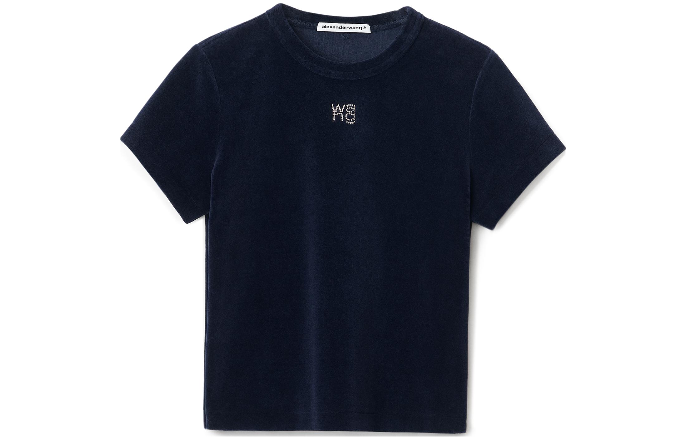 (Women) Alexander Wang SS22  Velvet Crystal Logo T-Shirt Navy Blue Short Sleeve. 4CC3211253-409