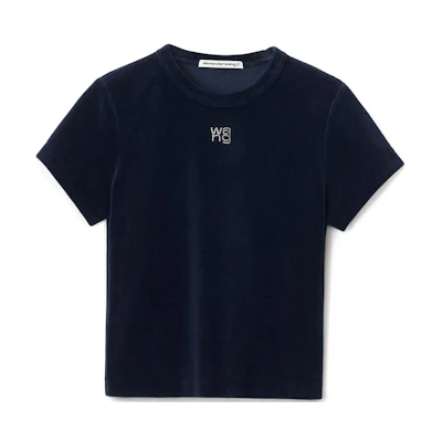 (Women) Alexander Wang SS22 Velvet Crystal Logo T-Shirt Navy Blue Short Sleeve. 4CC3211253-409
