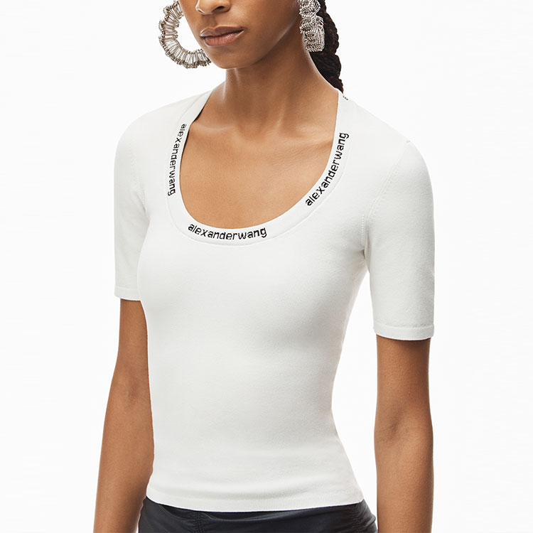 Details for (W) Alexander Wang SS22 Camiseta Blanca de Punto Jacquard con Logo y Manga Corta 4KC4211057-104