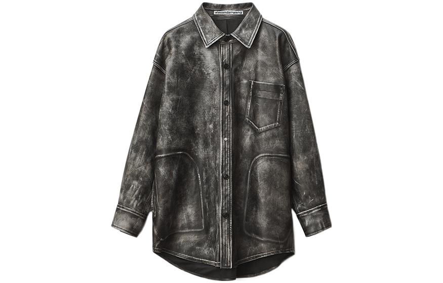 (Women) Alexander Wang SS22 Black Retro Leather Long Sleeve Shirt Jacket 1WC1223176-001