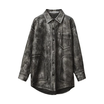 (Women) Alexander Wang SS22 Black Retro Leather Long Sleeve Shirt Jacket 1WC1223176-001