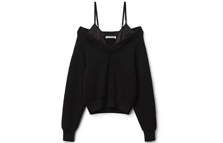 (Women) Alexander Wang SS22 Black Satin V-Neck Off-Shoulder Knit Sweater. 4KC1221009-001