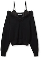 (Women) Alexander Wang SS22 Black Satin V-Neck Off-Shoulder Knit Sweater. 4KC1221009-001 (Women) Alexander Wang SS22 Black Satin V-Neck Off-Shoulder Knit Sweater. 4KC1221009-001