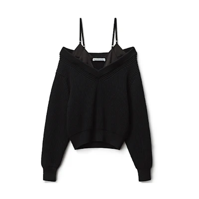 (Women) Alexander Wang SS22 Black Satin V-Neck Off-Shoulder Knit Sweater. 4KC1221009-001