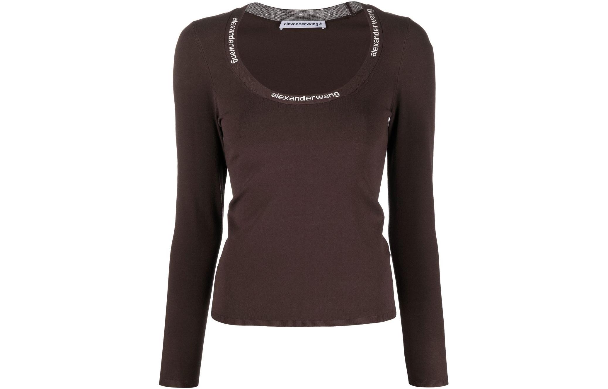 (Women) Alexander Wang SS22 Brown Knit Slim Fit Long Sleeve T-Shirt with Logo Trim Women 4KC1211024-204