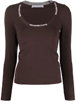 (Women) Alexander Wang SS22 Brown Knit Slim Fit Long Sleeve T-Shirt with Logo Trim Women 4KC1211024-204 (Women) Alexander Wang SS22 Brown Knit Slim Fit Long Sleeve T-Shirt with Logo Trim Women 4KC1211024-204
