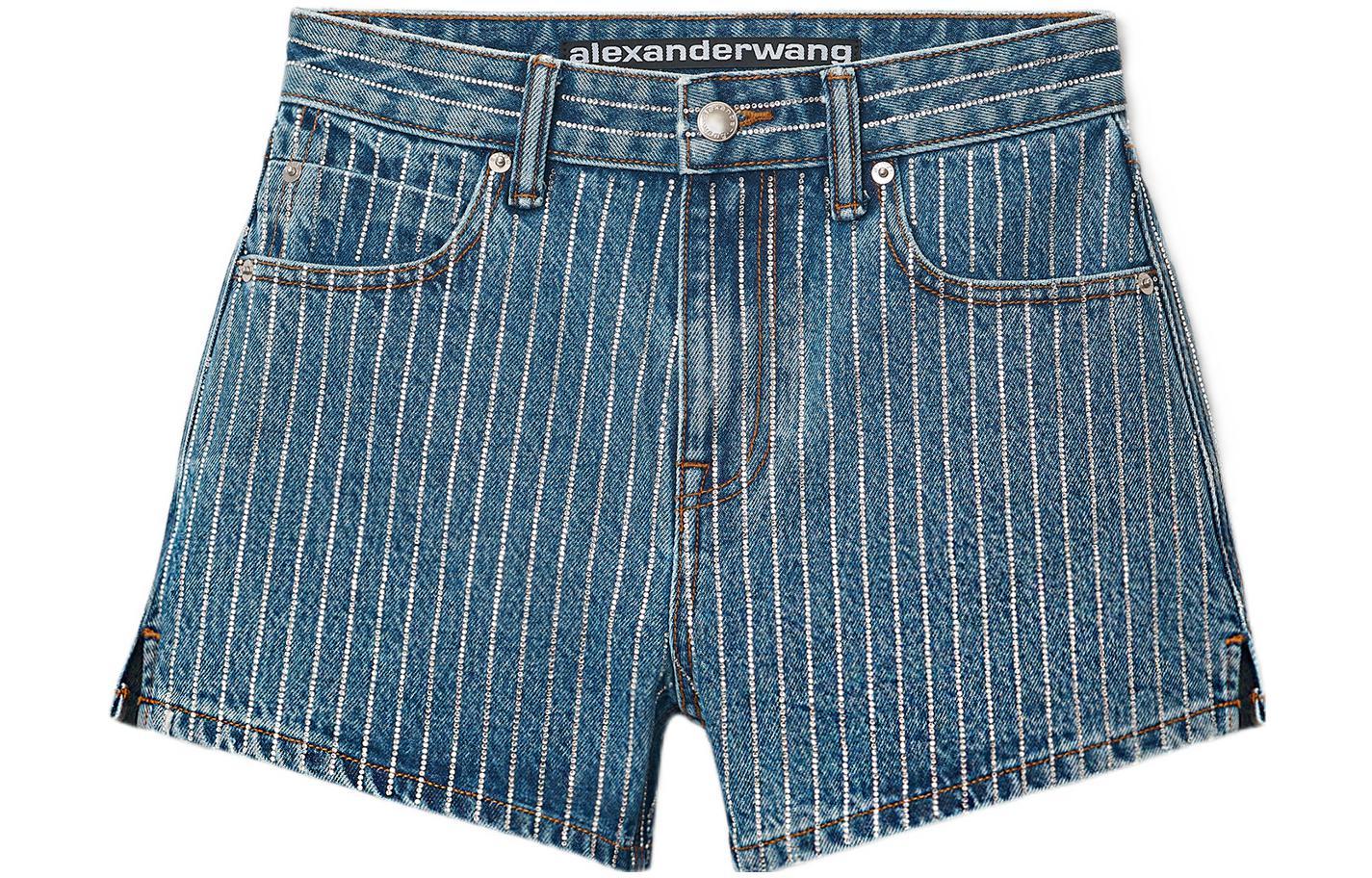 (Women) Alexander Wang SS22 Crystal Striped Denim Shorts Women Deep Blue 4DC2224127-401
