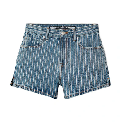 (Women) Alexander Wang SS22 Crystal Striped Denim Shorts Women Deep Blue 4DC2224127-401