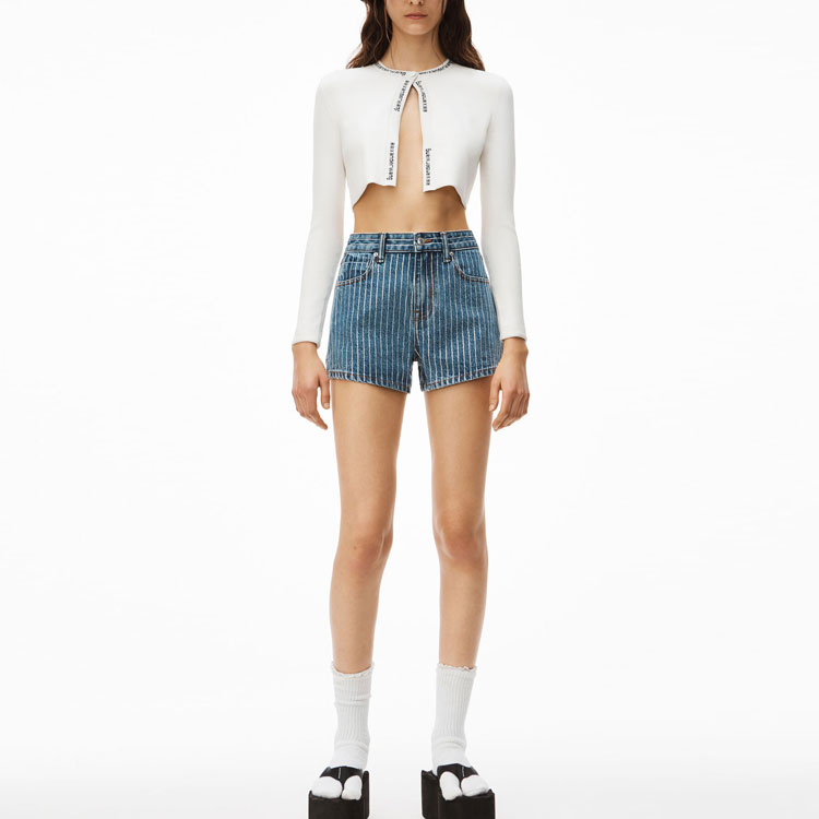 (Women) Alexander Wang SS22 Crystal Striped Denim Shorts Women Deep Blue 4DC2224127-401 圖 3