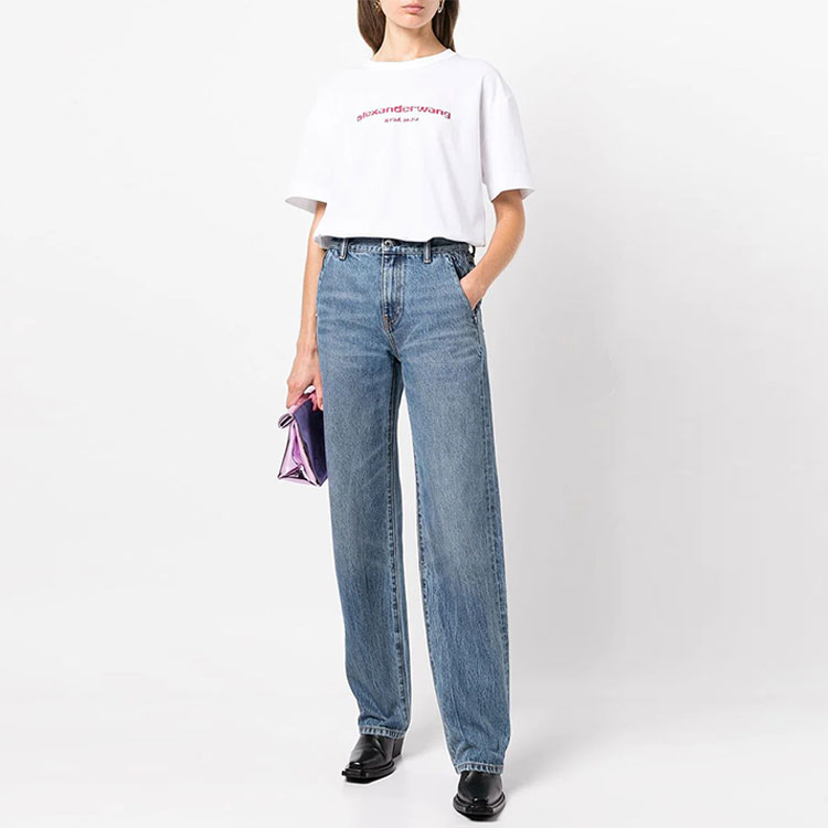 Lookbook (Women) Alexander Wang SS22 Distressed Straight Fit Jeans with Logo Patch  Blue 4DC3224141-473
