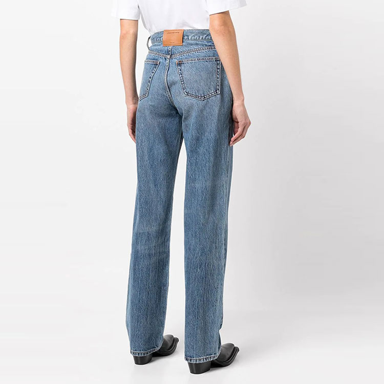Shop (Women) Alexander Wang SS22 Distressed Straight Fit Jeans with Logo Patch  Blue 4DC3224141-473