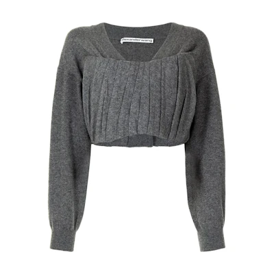 (Women) Alexander Wang SS22 Grey V-Neck Ruched Cropped Cashmere Sweater 1KC220100-621