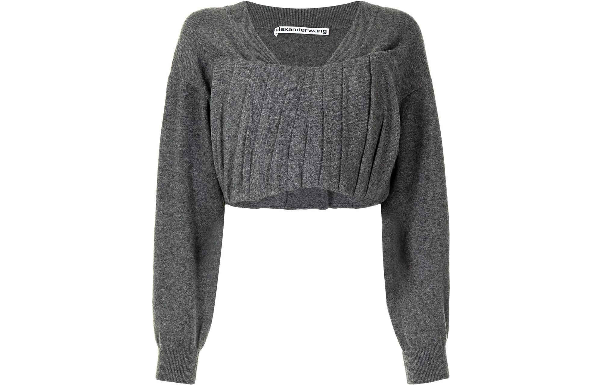 Order (Women) Alexander Wang SS22 Grey V-Neck Ruched Cropped Cashmere Sweater 1KC220100-621