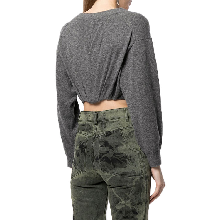 Shop (Women) Alexander Wang SS22 Grey V-Neck Ruched Cropped Cashmere Sweater 1KC220100-621